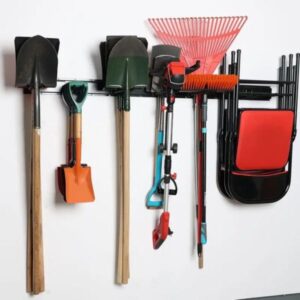 Garage Storage Organization Wall Mount, Garden Tool Rack Organizer Heavy Duty Folding Chair Hangers with 6 Adjustable Hooks Tracks Wall Mount Tool Storage Rack, Hold Up to 300lbs Black